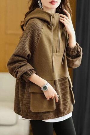 Handmade Coffee Patchwork Drawstring Hoodie Sweatshirts Long Sleeve