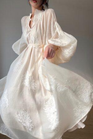 Spring Women Embroidery Evening Party Dresses Elegant Lantern Sleeve Vintage Casual A-Line Dress Female Fashion Vestidos Robe