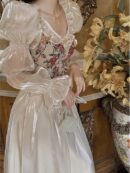 French Vintage Midi Dress Women Floral Patchwork Puff Sleeve Ruffles A-line Autumn Spring Evening Party Prom Robe Vestidos Mujer