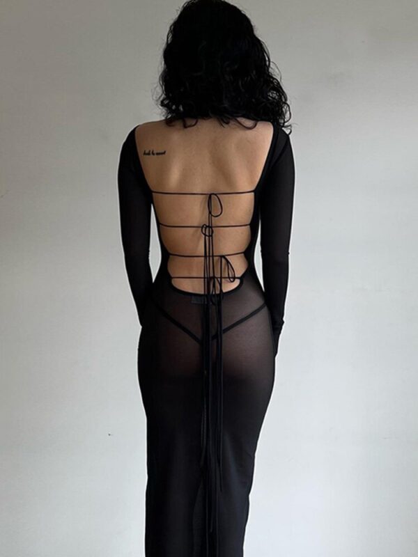 Sexy Backless Strappy Dress Summer Elegant Outfits for Women Long Sleeve Tulle Maxi Dresses Vestido - Image 4