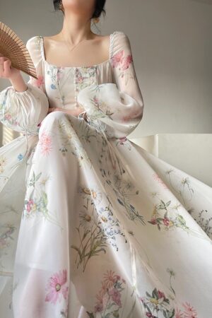 French Vinatge Evening Party Long Dresses for Women Floral A-line Princess Dress Lantern Sleeve Spring Summer Prom Robe Vestidos