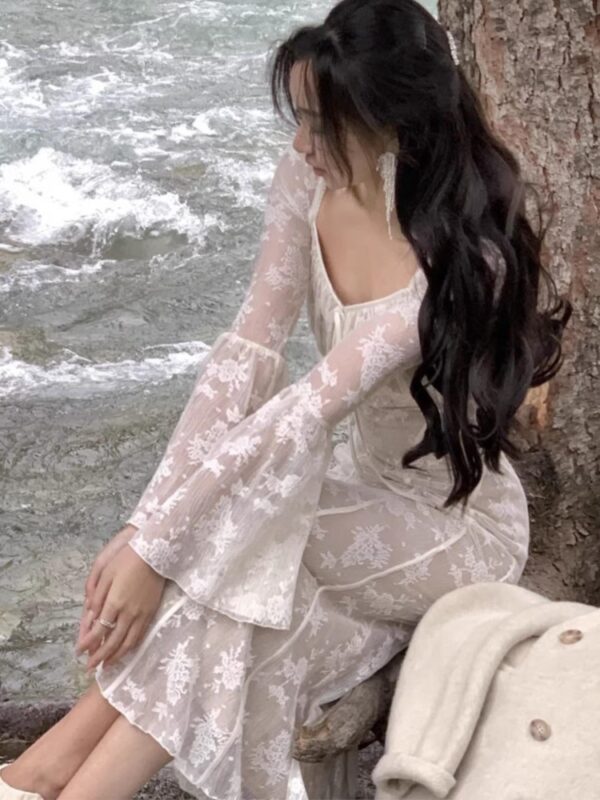 Elegant Flare Sleeve Mermaid Long Dresses for Women New Spring Summer Slim Wedding Runway Party Lace Vestidos Vintage Clothing - Image 4