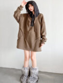 Hooded Long Sleeves Buttoned Drawstring Split-Joint Velvet Hoodies Tops
