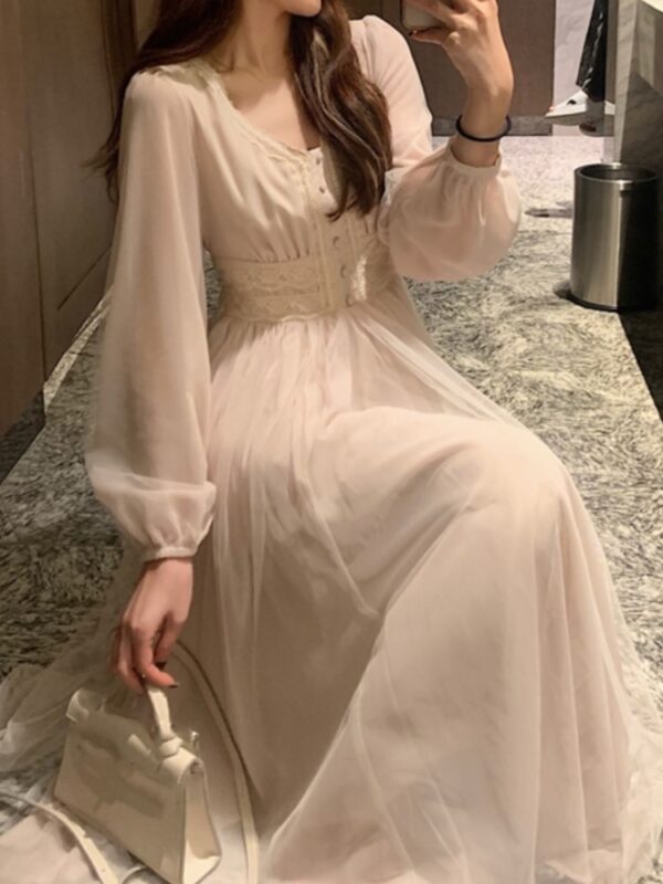 Elegant Mesh Dress Women Lantern Sleeves V-neck Autumn Spring French Vintage High Waist Fairycore Female Prom Robe Vestidos New - Image 2