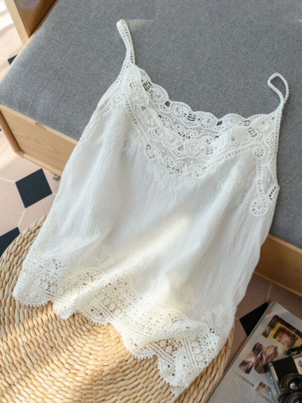 Khaki Loose Casual Vintage Lace Sleeveless Vest - Image 6
