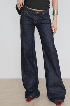 Dark Blue Basic Low Waist Flare Jeans