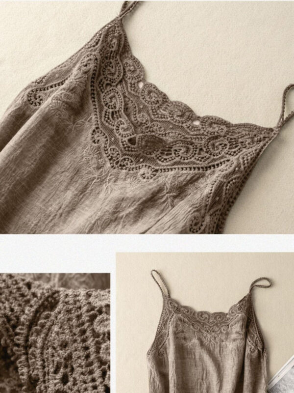 Khaki Loose Casual Vintage Lace Sleeveless Vest - Image 4