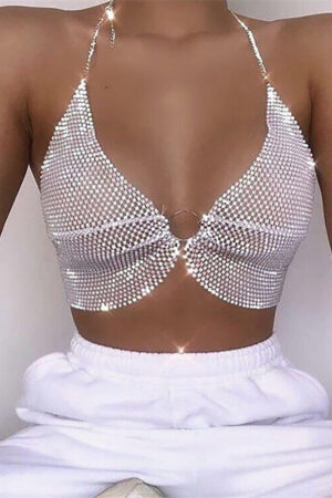 Taruxy Rhinestones Wrap Chest Vest Tops Women Summer V-Neck Backless Sexy Tank Tops Hot Girls Sparkly Streetwear Y2K Tops Tee