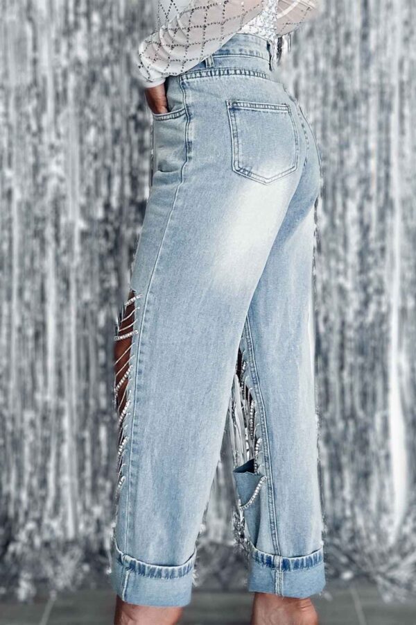 Rhinestone Chain Ripped Jeans - Image 7
