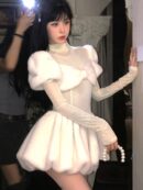 Sweet Y2K Solid Knitted Dress Women Long Sleeve Bow O-neck Autumn Winter Mini Dresses Birthday Party Kawaii A-line Vestidos New