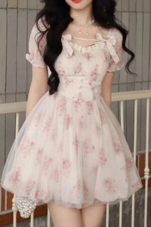 Y2K Floral Print Short Dresses for Women Kawaii Birthday Party Dress High Waist A-Line Slim Spring Summer New Prom Vestido Mujer