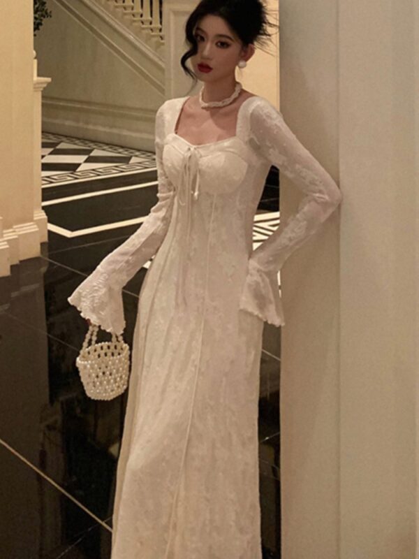 Women’s Solid Midi Dress Flare Sleeves Square Collar A-Line Lace Up Autumn Spring French Elegant Vintage Prom Robe Vestidos New - Image 3