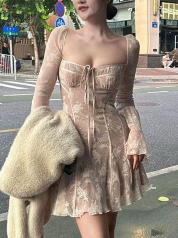 French Sexy Lace Mini Dress Women Y2K Off Shoulder Lace Up Ruffles A-line Autumn Spring Long Sleeve Party Dress Prom Vestidos - Image 6