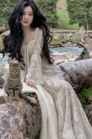 Elegant Flare Sleeve Mermaid Long Dresses for Women New Spring Summer Slim Wedding Runway Party Lace Vestidos Vintage Clothing