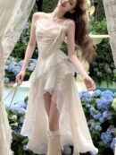 Y2K Ruffles Spaghetti Strap Irregular Midi Dress Women Summer New Slim Fairycore Birthday Party Dress Prom Robe Vestidos Mujer