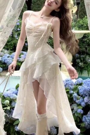 Y2K Ruffles Spaghetti Strap Irregular Midi Dress Women Summer New Slim Fairycore Birthday Party Dress Prom Robe Vestidos Mujer