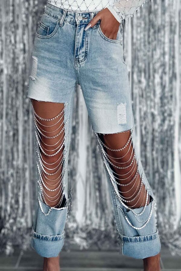 Rhinestone Chain Ripped Jeans - Image 6