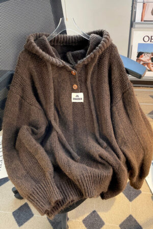 Cozy Coffee Hooded Drawstring Knit Sweatshirts Tops Winter