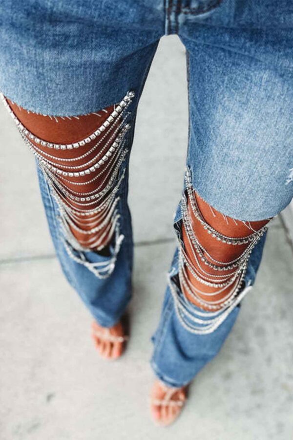Rhinestone Chain Ripped Jeans - Image 4