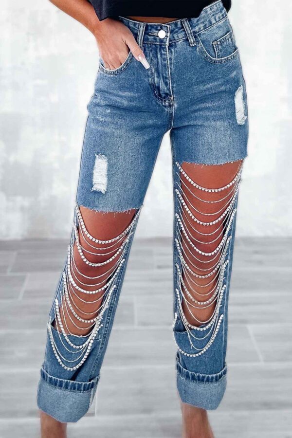 Rhinestone Chain Ripped Jeans - Image 2