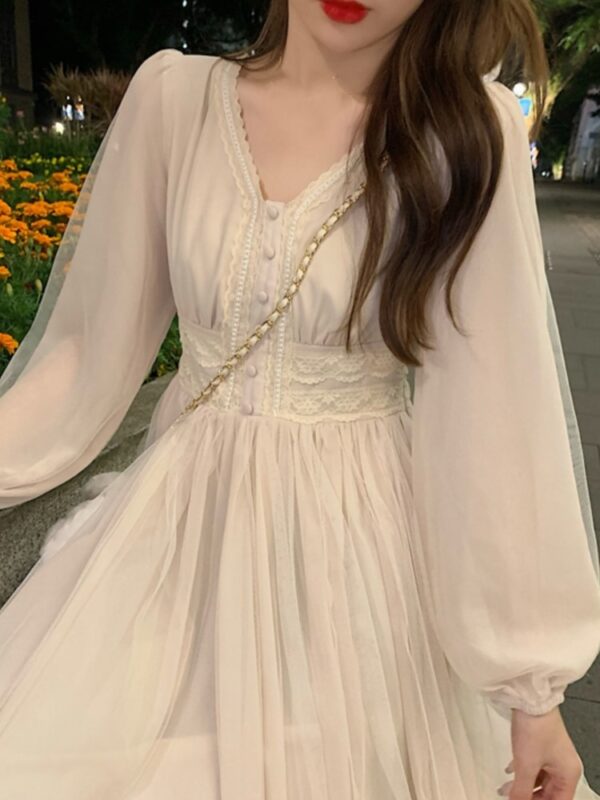 Elegant Mesh Dress Women Lantern Sleeves V-neck Autumn Spring French Vintage High Waist Fairycore Female Prom Robe Vestidos New - Image 6