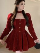 Christmas Party Velvet Mini Dress Women Long Sleeve Square Collar Autumn Birthday Party Princess Dresses Vintage A-line Vestidos