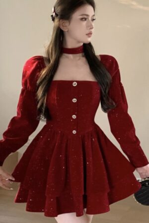 Christmas Party Velvet Mini Dress Women Long Sleeve Square Collar Autumn Birthday Party Princess Dresses Vintage A-line Vestidos