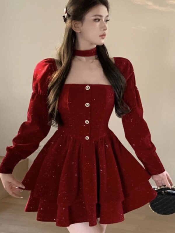 Christmas Party Velvet Mini Dress Women Long Sleeve Square Collar Autumn Birthday Party Princess Dresses Vintage A-line Vestidos