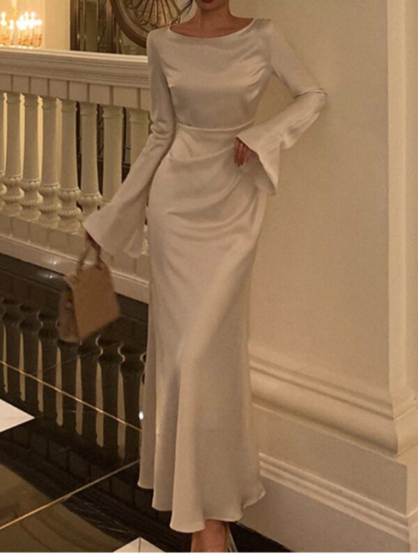 Autumn Satin Long Dresses For Women Flare Sleeve Slim Mermaid Spring French Vintage Wedding Party Prom Robe Vestidos Para Mujer - Image 4