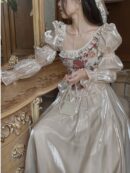 French Vintage Midi Dress Women Floral Patchwork Puff Sleeve Ruffles A-line Autumn Spring Evening Party Prom Robe Vestidos Mujer