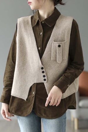 Artistic Retro Sleeveless Irregularity Buttoned V-Neck Vest Top