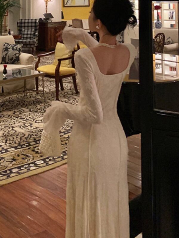 Women’s Solid Midi Dress Flare Sleeves Square Collar A-Line Lace Up Autumn Spring French Elegant Vintage Prom Robe Vestidos New - Image 2