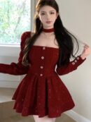 Christmas Party Velvet Mini Dress Women Long Sleeve Square Collar Autumn Birthday Party Princess Dresses Vintage A-line Vestidos