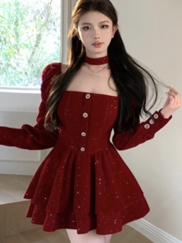 Christmas Party Velvet Mini Dress Women Long Sleeve Square Collar Autumn Birthday Party Princess Dresses Vintage A-line Vestidos - Image 4