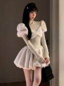 Sweet Y2K Solid Knitted Dress Women Long Sleeve Bow O-neck Autumn Winter Mini Dresses Birthday Party Kawaii A-line Vestidos New