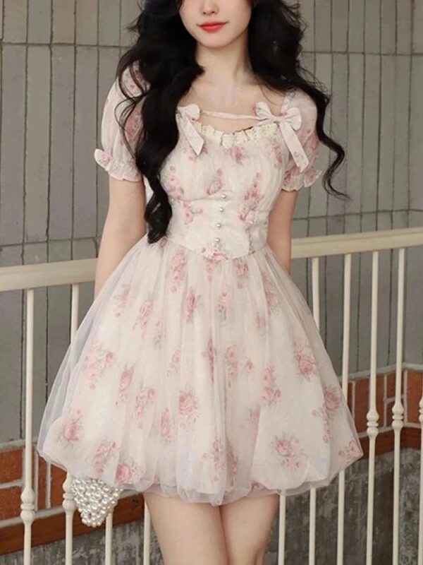 Y2K Floral Print Short Dresses for Women Kawaii Birthday Party Dress High Waist A-Line Slim Spring Summer New Prom Vestido Mujer - Image 5