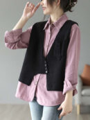 Artistic Retro Sleeveless Irregularity Buttoned V-Neck Vest Top