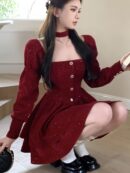 Christmas Party Velvet Mini Dress Women Long Sleeve Square Collar Autumn Birthday Party Princess Dresses Vintage A-line Vestidos