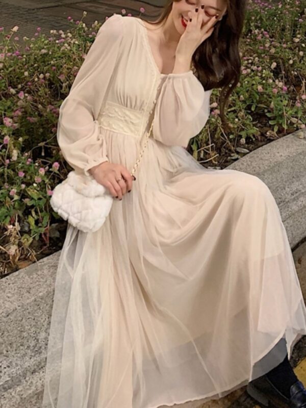 Elegant Mesh Dress Women Lantern Sleeves V-neck Autumn Spring French Vintage High Waist Fairycore Female Prom Robe Vestidos New - Image 3