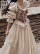 French Vintage Midi Dress Women Floral Patchwork Puff Sleeve Ruffles A-line Autumn Spring Evening Party Prom Robe Vestidos Mujer
