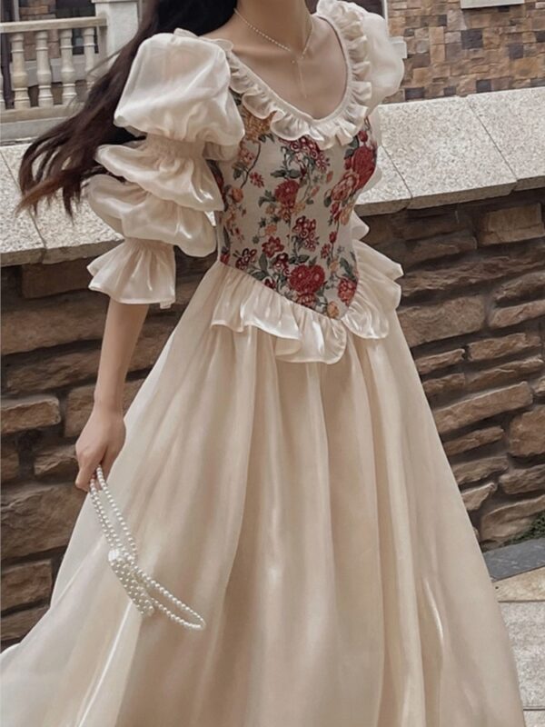 French Vintage Midi Dress Women Floral Patchwork Puff Sleeve Ruffles A-line Autumn Spring Evening Party Prom Robe Vestidos Mujer