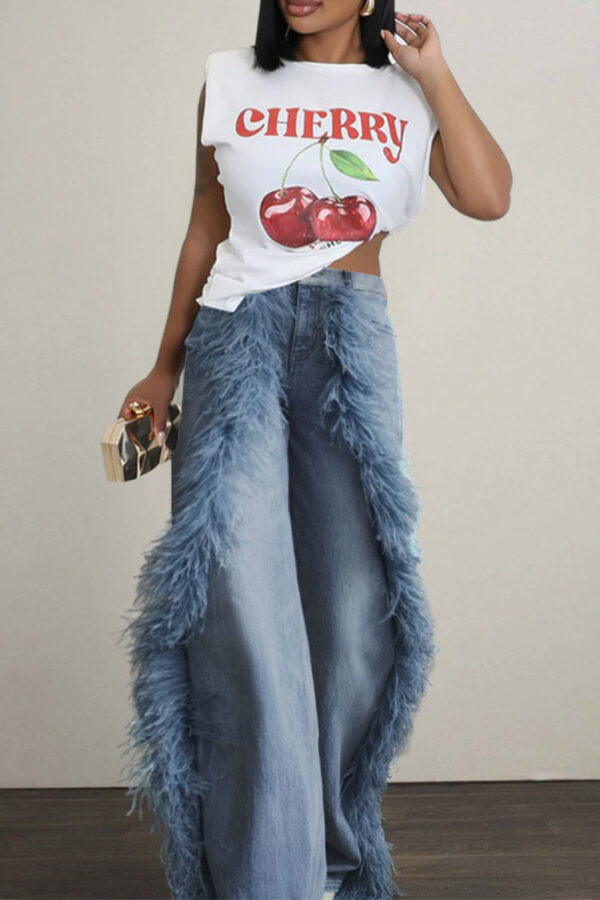Daily Patchwork Fluffy Mid Waist Loose Denim Jeans - Image 2