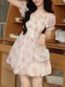 Y2K Floral Print Short Dresses for Women Kawaii Birthday Party Dress High Waist A-Line Slim Spring Summer New Prom Vestido Mujer