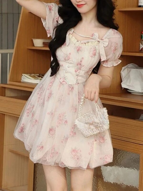 Y2K Floral Print Short Dresses for Women Kawaii Birthday Party Dress High Waist A-Line Slim Spring Summer New Prom Vestido Mujer - Image 2